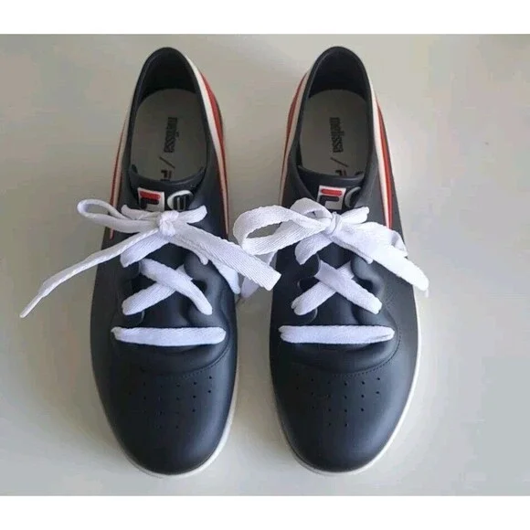 Melissa X Fila Women's Ruber Black Lace-up Jelly Red Stripe Sneakers Size 7 - Picture 2 of 13